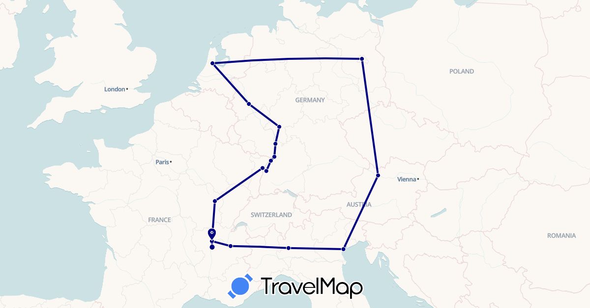TravelMap itinerary: driving in Austria, Germany, France, Italy, Netherlands (Europe)